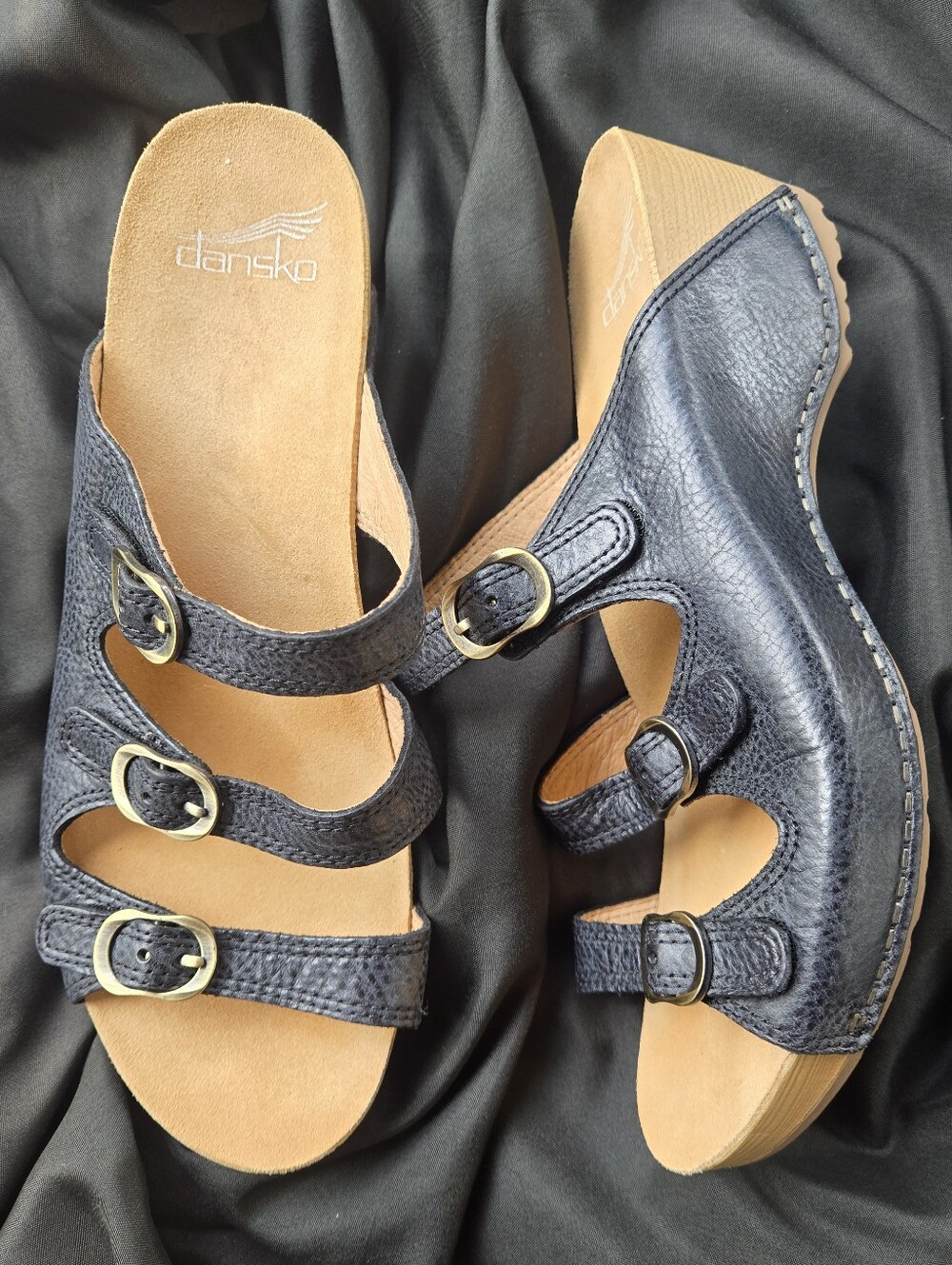Dansko Charcoal Leather Triple-Buckle Wedge Clogs